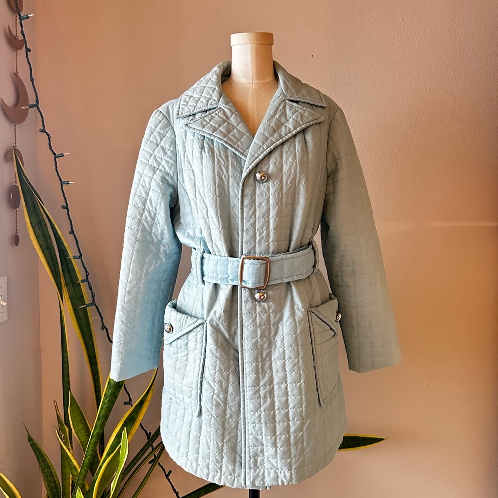 Vintage Light Blue Quilted Trench Coat Silver Hardware Belt Winter Color Season